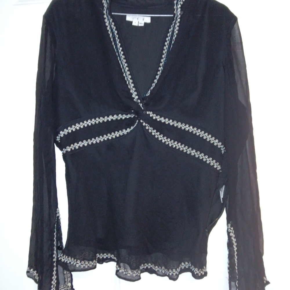 🦄100%Silk Elegant Black Women's Top with Embroidered Details